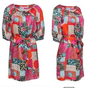 Lilly Pulitzer Sz 4 Keating Dress 100% SILK Patchwork Block Print Pleated Neck